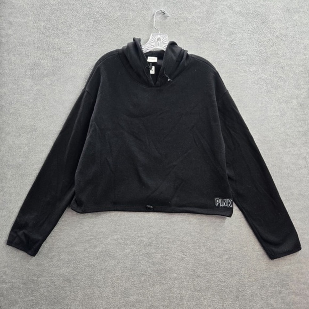 Pink Victorias Secret Women‎ Sweatshirt Large Black Cropped Hoodie Logo